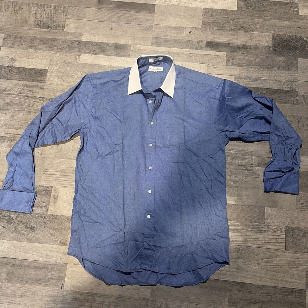 Vtg Christian Dior Solid Blue Cotton Blend Dress Shirt 16 34/35 Point Collar